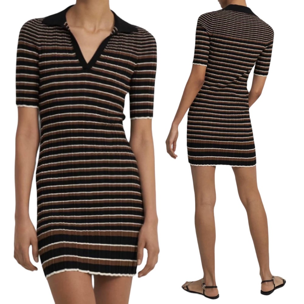 Theory Ribbed Knit Mini Dress Polo Striped Black Brown Stretchy Womens Small